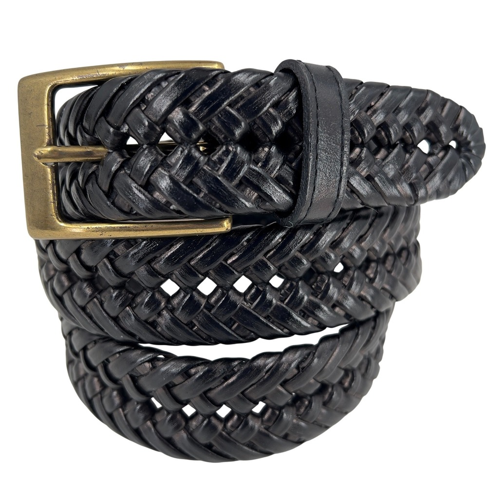 Dockers Mens 38 Braided Black Leather Belt Brass Buckle Preppy Ivy League